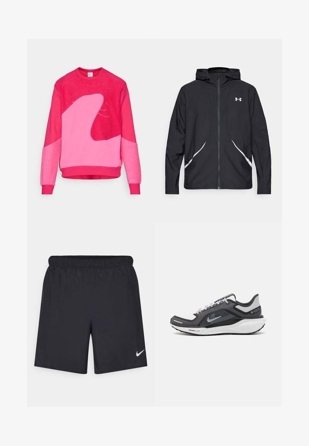 Black zip-up hooded jacket with white accents and logo, featuring long sleeves and a sleek, smooth fabric texture.; Fleece sweatshirt in vibrant pink shades, featuring abstract lighter pink shapes, ribbed cuffs and hem, and a crew neckline.; Black athletic shorts made of lightweight material with an elastic waistband. Features a small white Nike logo on the lower left side.; Black and gray athletic shoe with a mesh upper, reflective accents, and a white midsole. Features textured rubber outsole and laces.