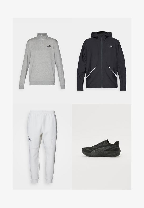 Črna jakna s kapuco na zadrgo z belimi poudarki in logotipom, z dolgimi rokavi in gladko, sijočo tkanino.; Siv svetrov s pol-zip ovratnikom, dolgimi rokavi in rebrastimi manšetami. Ima majhen črn logotip Puma na levem prsnem delu. Mehka tekstura.; Beli trenirke z mehko, gladko teksturo. Imajo ukrivljene stranske panele in črno poudarjeno črto. Elastičen pas za prilagodljivo prileganje.; Črne atletske čevlje z mrežasto zgornjim delom, ravnimi vezalkami in oblazinjeno podplat, ki ima subtilne odsevne akcentne.