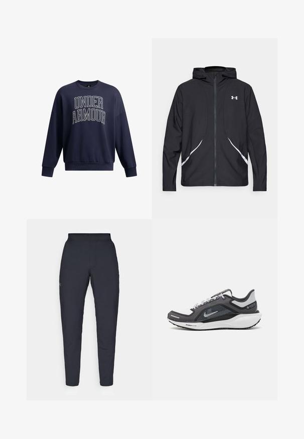 Črna jakna s kapuco na zadrgo z belimi poudarki in logotipom, z dolgimi rokavi in gladko, sijočo tkanino.; Mornarsko modra kapuca s poudarjenim belim napisom "UNDER ARMOUR". Ima okroglo ovratnik, dolge rokave in sproščen kroj.; Črne atletske hlače z gladko teksturo, ožjega kroja, elastičnim pasom in stranskimi žepi. Imajo majhen logotip na levem stegnu.; Črne in sive atletske čevlje z mrežasto zgornjim delom, odsevnimi detajli in belim srednjim podplatom. Imajo strukturiran gumijast podplat in vezalke.