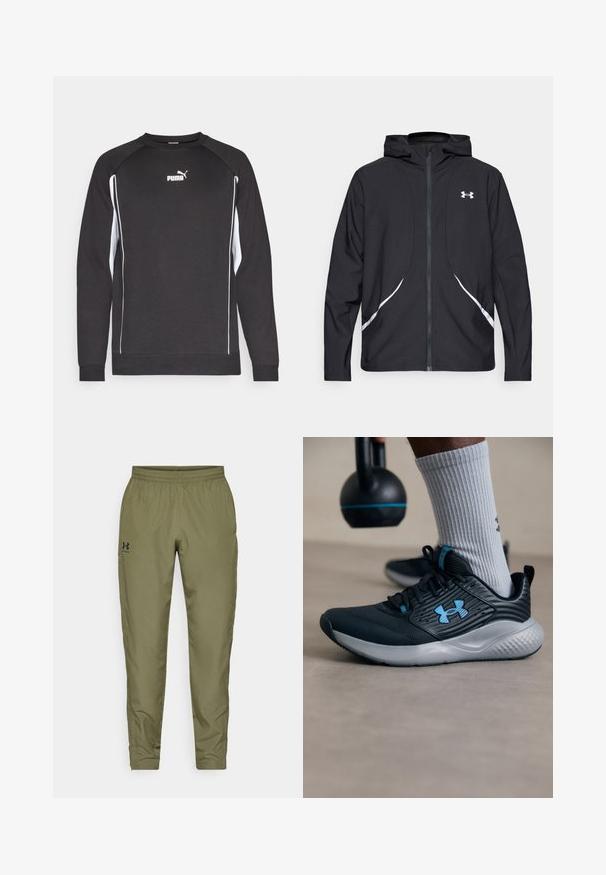 Chaqueta negra con capucha y cremallera, con detalles y logotipo en blanco, mangas largas y una textura de tela lisa y elegante.; Sudadera negra de manga larga, con acentos laterales blancos y un escote redondo. Presenta un pequeño logo blanco de Puma en el pecho.; Pantalones deportivos verde oliva con cintura elástica, patas ajustadas, una textura suave y un pequeño logo negro en el lado izquierdo.; Zapatilla deportiva negra con acentos azules, parte superior texturizada y suela gris. Llevada con calcetines grises de canalé, al lado de una kettlebell negra.