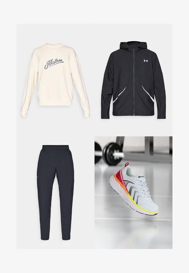 Giacca nera con cappuccio e zip, dettagli bianchi e logo, maniche lunghe e tessuto liscio e lucido.; Felpa crema con logo "Malbon" in grigio stilizzato, colletto a girocollo, polsini e orlo a costine, con dettagli di cucitura visibili.; Pantaloni sportivi neri con una texture liscia, vestibilità slim, vita elastica e tasche laterali. Presentano un piccolo logo sulla coscia sinistra.; Scarpa sportiva bianca con parte superiore in mesh, accenti colorati in rosso, arancio e giallo, dotata di una suola testurizzata e dettagli neri.