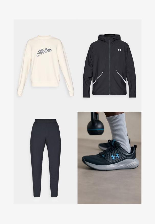 Casaco preto com capuz e fecho de correr, detalhes brancos e logótipo, apresentando mangas compridas e um tecido liso e elegante.; Sweatshirt creme com um logótipo "Malbon" em cinza em caligrafia, gola redonda, punhos e bainha canelados, e detalhes de costura visíveis.; Calças de desporto negras com uma textura suave, corte justo, cintura elástica e bolsos laterais. Apresenta um pequeno logótipo na coxa esquerda.; Sapatilha atlética preta com detalhes em azul, parte superior texturizada e sola cinza. Usada com meias caneladas cinza, ao lado de um kettlebell preto.