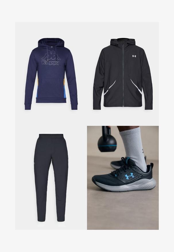 Black zip-up hooded jacket with white accents and logo, featuring long sleeves and a sleek, smooth fabric texture.; Navy hoodie with a large gray Kappa logo, featuring blue, yellow, and orange side panels. Made from soft fabric with a front pocket.; Black athletic pants with a smooth texture, slim fit, elastic waistband, and side pockets. Features a small logo on the left thigh.; Black athletic shoe with blue accents, textured upper, and gray sole. Worn with gray ribbed socks, beside a black kettlebell.