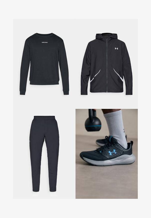 Casaco preto com capuz e fecho de correr, detalhes brancos e logótipo, apresentando mangas compridas e um tecido liso e elegante.; Sweatshirt preto de mangas longas feito de tecido macio, com gola redonda, punhos ribados e um logotipo branco impresso no peito.; Calças de desporto negras com uma textura suave, corte justo, cintura elástica e bolsos laterais. Apresenta um pequeno logótipo na coxa esquerda.; Sapatilha atlética preta com detalhes em azul, parte superior texturizada e sola cinza. Usada com meias caneladas cinza, ao lado de um kettlebell preto.