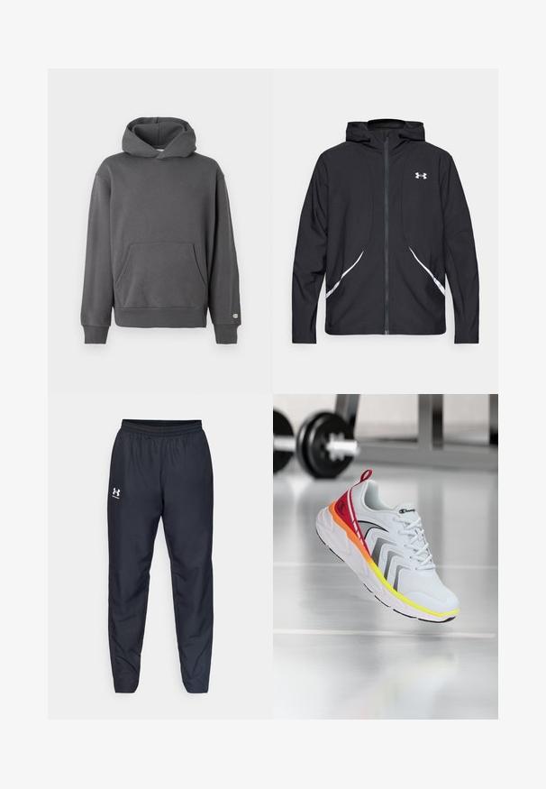 Črna jakna s kapuco na zadrgo z belimi poudarki in logotipom, z dolgimi rokavi in gladko, sijočo tkanino.; Siv pulover s kapuco in sprednjim žepom, z rebrastimi manšeti in kapuco na vrvico. Na prsih ima subtilen logotip.; Črne atletske hlače z elastičnim pasom, zoženimi nogavicami in belim logotipom na strani. Narejene iz lahkega in trpežnega materiala.; Bela atletska čevlja z mrežastim zgornjim delom, barvnimi akcenti v rdeči, oranžni in rumeni barvi, z teksturirano podplatom in črnimi detajli.