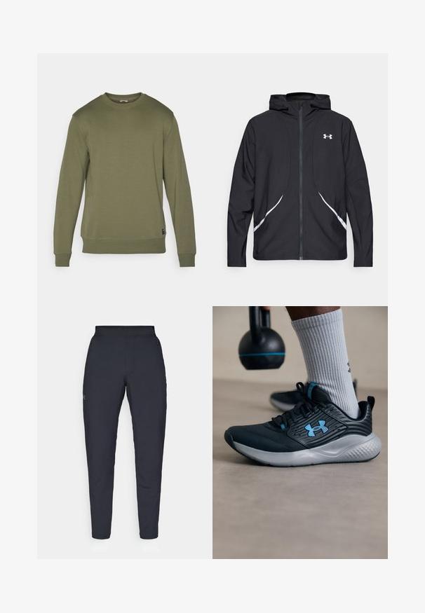 Svart hettejakke med glidelås, hvite detaljer og logo, med lange ermer og en glatt, jevn stofftekstur.; Oliven grønn hettegenser med rund hals, lange ermer og ribbestrikkede mansjetter. Mykt stoff med ensartet tekstur og subtile sømmer.; Sorte treningbukser med glatt tekstur, smal passform, elastisk midjebånd og sidelommer. Har en liten logo på venstre lår.; Svarte idrettsko med blå detaljer, teksturert overdel og grå såle. Brukt med grå ribbestrikkede sokker, ved siden av en svart kettlebell.