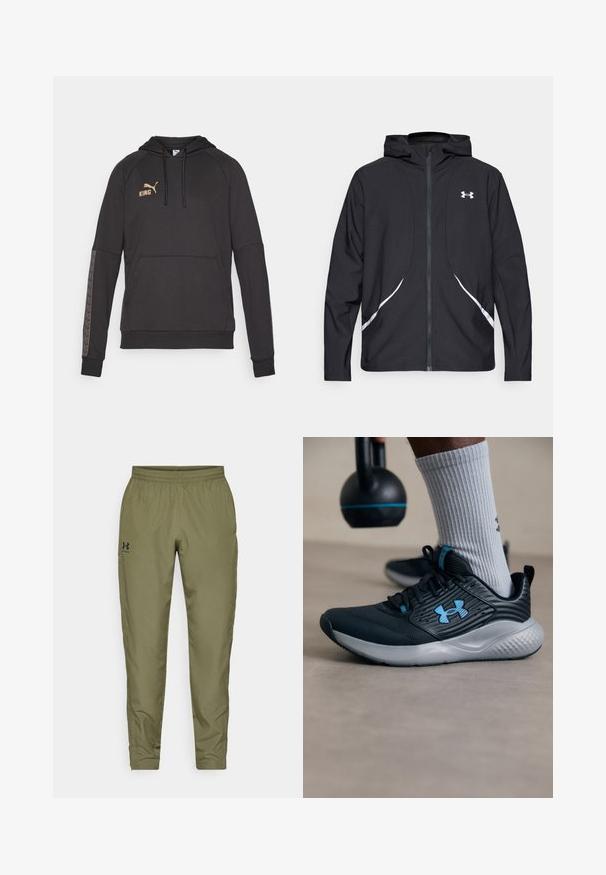 Schwarze Kapuzenjacke mit Reißverschluss, weiß abgesetzte Akzente und Logo, mit langen Ärmeln und einem eleganten, glatten Stoff.; Schwarzer Kapuzenpullover mit Kängurutasche, versehen mit einem goldenen "KING"-Logo und einem gemusterten Akzent entlang der Ärmel. Weicher Stoff.; Olivgrüne Sporthose mit elastischem Bund, schmal zulaufenden Beinen, glatter Textur und einem kleinen schwarzen Logo auf der linken Seite.; Schwarzer Sportschuh mit blauen Akzenten, strukturiertem Obermaterial und grauer Sohle. Getragen mit grauen gerippten Socken, neben einer schwarzen Kettlebell.