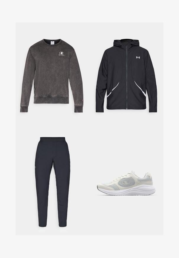 Sort lynlåstrøje med hætte, hvide detaljer og logo, med lange ærmer og en glat, glat stoftekstur.; Mørkegrå sweatshirt lavet af en bomuldsblanding, med rund halsudskæring, ribbede manchetter og et lille broderet logo på brystet.; Sorte atletiske bukser med en glat overflade, tætsiddende pasform, elastisk talje og sidelommer. Indeholder et lille logo på venstre lår.; Hvide sportssko med lysegrå accenter, mesh- og ruskindsmaterialer, rund tå, struktureret sål og synlig mærkevarelogo på siden.