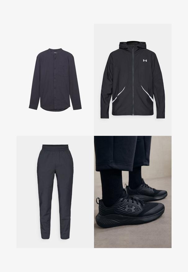 Veste à capuche noire zippée avec accents et logo blancs, dotée de manches longues et d'une texture de tissu lisse et élégante.; Chemise à manches longues bleu marine foncé avec un col montant, fermeture à boutons sur le devant, une poche poitrine et un tissu texturé. Présente un ourlet arrondi.; Pantalons tapered navy en tissu doux, dotés d'une taille élastique, de poches latérales et d'une texture lisse avec de subtils détails de couture.; Personne portant des baskets de sport noires avec des côtés texturés et un logo, associées à des chaussettes noires et un pantalon court sur un sol clair.