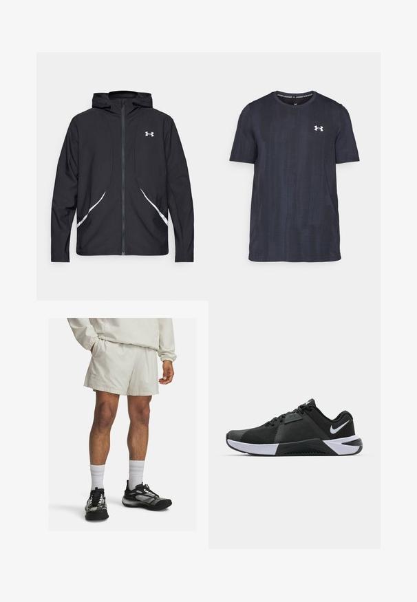 Black zip-up hooded jacket with white accents and logo, featuring long sleeves and a sleek, smooth fabric texture.; Dark navy short-sleeve t-shirt made of breathable fabric, featuring a textured pattern and a white Under Armour logo on the chest.; Beige athletic shorts with elastic waistband and side pockets, paired with black and gray athletic shoes and white crew socks.; Nike Performance METCON 10 - Training shoe - black/white/anthracite