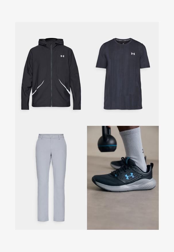 Casaco preto com capuz e fecho de correr, detalhes brancos e logótipo, apresentando mangas compridas e um tecido liso e elegante.; T-shirt de manga curta em azul marinho escuro, feito de um tecido respirável, com um padrão texturizado e um logótipo branco da Under Armour no peito.; Calças cinzentas claras com corte reto, fecho com botão, bolsos frontais e um tecido liso e texturizado. Design minimalista, sem padrões.; Sapatilha atlética preta com detalhes em azul, parte superior texturizada e sola cinza. Usada com meias caneladas cinza, ao lado de um kettlebell preto.