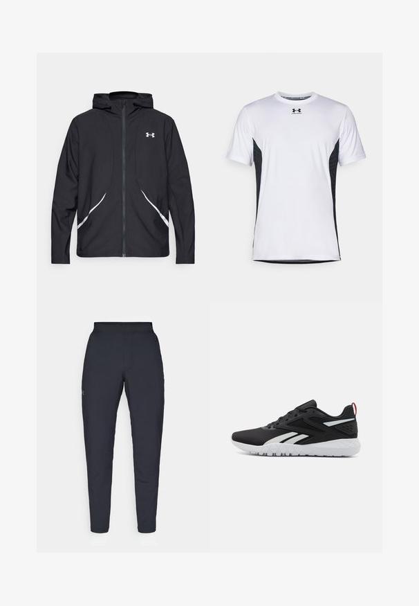 Svart hettejakke med glidelås, hvite detaljer og logo, med lange ermer og en glatt, jevn stofftekstur.; Under Armour CHALLENGER PRO SS - T-skjorte til trening - white/black; Sorte treningbukser med glatt tekstur, smal passform, elastisk midjebånd og sidelommer. Har en liten logo på venstre lår.; Sorte sportsko med mesh-overdel, hvite detaljer, teksturert såle og en rød hæltab for ekstra detaljer.