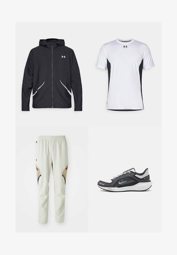 Crna jakna s kapuljačom na patentni zatvarač s bijelim detaljima i logotipom, s dugim rukavima i glatkom, mekanom teksturom tkanine.; Under Armour CHALLENGER PRO SS - Sportska majica - white/black; Svijetlosmeđe hlače s elastičnom waistbandom, s crnim i smeškim naglascima i dva velika bočna džepa, izrađene od glatkog, izdržljivog materijala.; Crne i sive atletske cipele s mrežastim gornjim dijelom, reflektirajućim detaljima i bijelim među-djelom. Imaju strukturiranu gumenu potplate i vezice.