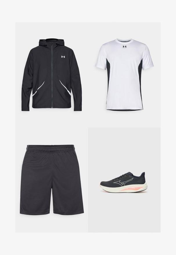 Chaqueta negra con capucha y cremallera, con detalles y logotipo en blanco, mangas largas y una textura de tela lisa y elegante.; Under Armour CHALLENGER PRO SS - Camiseta deportiva - white/black; Pantalones cortos deportivos negros hechos de una tela suave y ligera. Cuentan con una cinturilla elástica y dobladillo cosido, sin bolsillos visibles ni patrones.; Zapatilla de running negra con un upper de textil suave, que presenta un logo blanco, acentos rosas en la suela y un diseño de puntera redondeada.