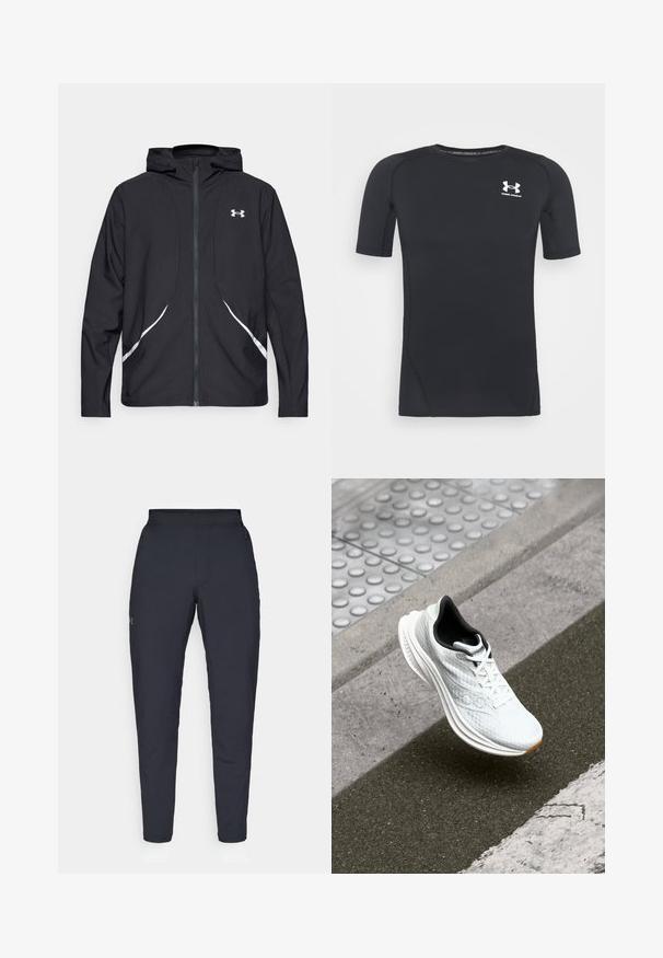 Black zip-up hooded jacket with white accents and logo, featuring long sleeves and a sleek, smooth fabric texture.; Black short-sleeve athletic shirt made of moisture-wicking, stretchy fabric. Features a round neckline and a small white logo on the chest.; Black athletic pants with a smooth texture, slim fit, elastic waistband, and side pockets. Features a small logo on the left thigh.; White athletic shoe with black interior floating above textured curb and asphalt road near raised tactile paving.