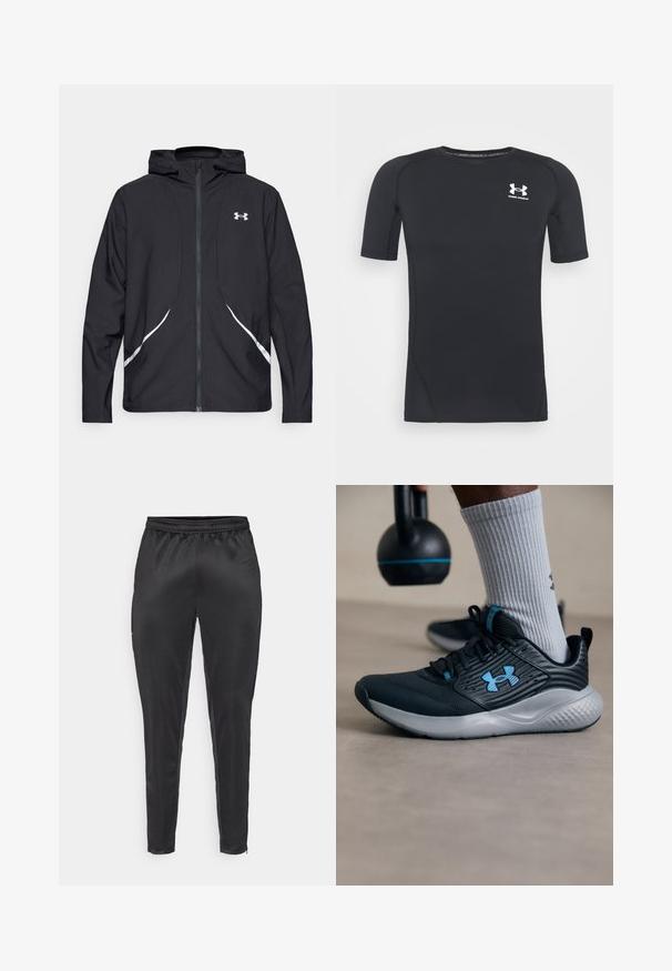 Black zip-up hooded jacket with white accents and logo, featuring long sleeves and a sleek, smooth fabric texture.; Black short-sleeve athletic shirt made of moisture-wicking, stretchy fabric. Features a round neckline and a small white logo on the chest.; Black athletic pants made from smooth, lightweight material. Features an elastic waistband and slim fit with zippered pockets.; Black athletic shoe with blue accents, textured upper, and gray sole. Worn with gray ribbed socks, beside a black kettlebell.