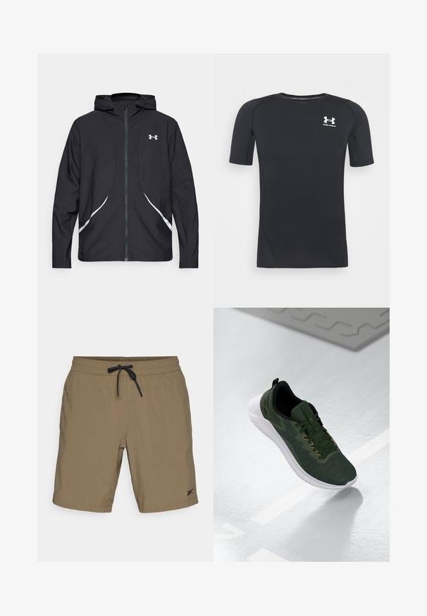 Casaco preto com capuz e fecho de correr, detalhes brancos e logótipo, apresentando mangas compridas e um tecido liso e elegante.; Camiseta atlética preta de manga curta, feita de tecido elástico e que absorve a humidade. Apresenta um decote redondo e um pequeno logótipo branco no peito.; Calções castanhos com uma cintura elástica e cordão preto, apresentando um logótipo no canto inferior direito. Textura suave, design até aos joelhos.; Sapatilha de desporto verde com parte superior em malha texturizada, detalhes em preto e sola branca. Apresenta hardware e atacadores em dourado contrastante.