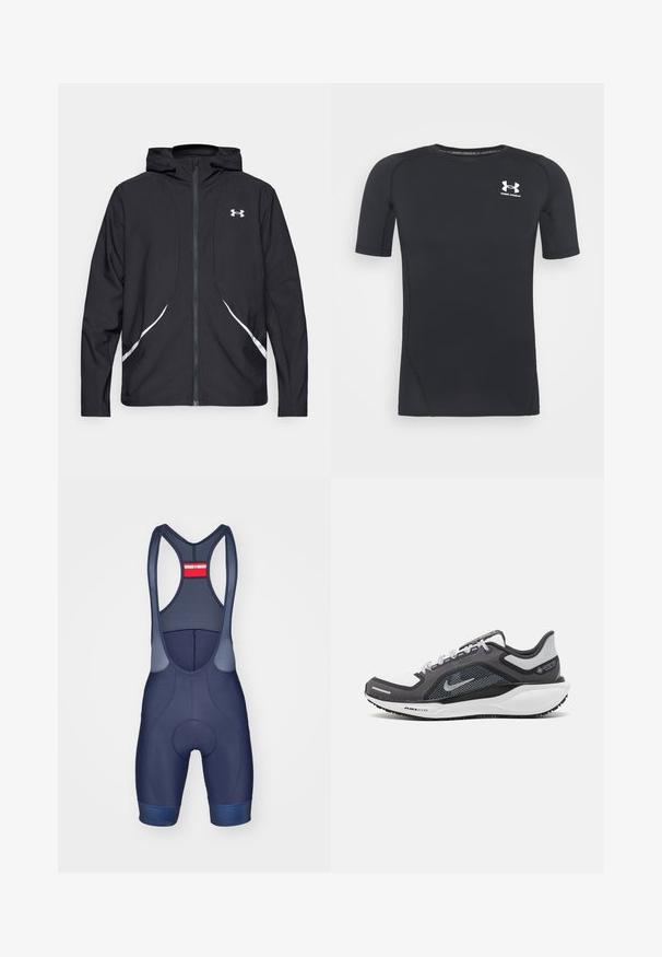 Černá bunda s kapucí na zip, bílými akcenty a logem, s dlouhými rukávy a hladkou, elegantní texturou látky.; Černé sportovní tričko s krátkým rukávem vyrobené z materiálu odvádějícího vlhkost a pružného tkaniny. Má kulatý výstřih a malé bílé logo na prsou.; Námořnické cyklistické kraťasy se síťovými ramínky, polstrovaným sedlem a kontrastními modrými akcenty. Obsahují kombinaci hladké a strukturované tkaniny.; Černá a šedá sportovní obuv s vrškem z prodyšné síťoviny, reflexními akcenty a bílou mezipodešví. Obsahuje texturovanou gumovou podrážku a tkaničky.