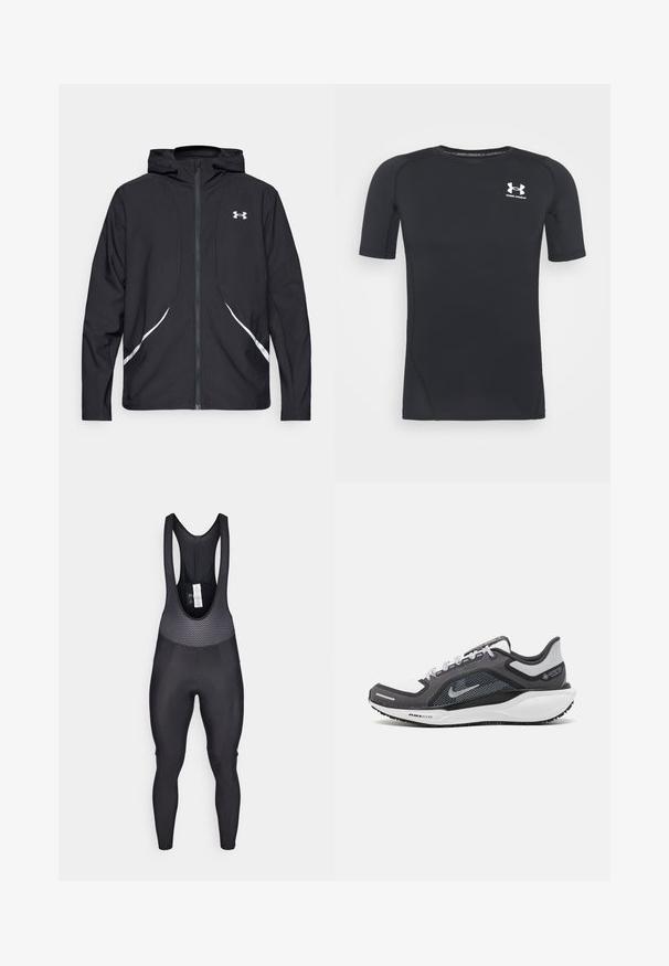 Zwarte capuchonjas met ritssluiting, witte accenten en logo, voorzien van lange mouwen en een gladde, soepele stoftextuur.; Zwart sportshirt met korte mouwen, gemaakt van vochtafvoerend, rekbaar materiaal. Heeft een ronde halslijn en een klein wit logo op de borst.; Zwarte fietsbibshorts met een gestructureerd bovenpaneel met een mesh ontwerp, aansluitende benen en een gevoerde zit voor comfort.; Zwarte en grijze sportschoen met een bovenwerk van mesh, reflecterende accenten en een witte tussenzool. Beschikt over een gestructureerde rubberen zool en veters.