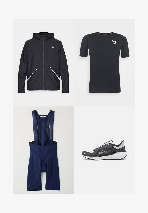 Čierna bunda na zips s kapucňou, bielymi akcentmi a logom, s dlhými rukávmi a hladkou, jemnou textúrou látky.; Čierne športové tričko s krátkym rukávom z látky, ktorá odvádza vlhkosť a je elastická. Má okrúhly výstrih a malú bielu nášivku na hrudi.; Námorné cyklistické bib šortky s sieťovými traky, polstrovaným sedadlom a priliehavými otvormi na nohách. Obsahujú jemné logo na ľavej nohe. Hladká, elastická látka.; Čierna a sivá športová obuv s vrchnou časťou z priedušného materiálu, reflexné akcenty a biely medzipodrážka. Obsahuje štruktúrovanú gumovú podrážku a šnúrky.