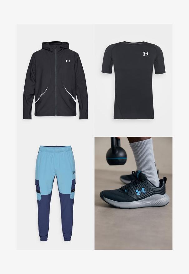 Crna jakna s kapuljačom na patentni zatvarač s bijelim detaljima i logotipom, s dugim rukavima i glatkom, mekanom teksturom tkanine.; Crna kratkodlaka atletska majica izrađena od tkanine koja odvodi vlagu i elastična je. Ima okrugli izrez i mali bijeli logo na prsima.; Plave i mornarsko plave trenirke s elastičnim pojasom, bočnim džepovima i detaljima u stilu cargo. Izrađene od mekanog, prozračnog materijala.; Crne atletske cipele s plavim akcentima, teksturirani gornji dio i sivi đon. Nosi se s sivim rebrastim čarapama, pored crnog kettlebella.