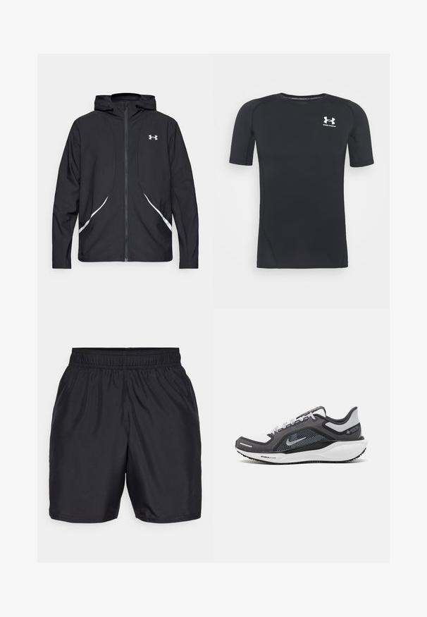 Black zip-up hooded jacket with white accents and logo, featuring long sleeves and a sleek, smooth fabric texture.; Black short-sleeve athletic shirt made of moisture-wicking, stretchy fabric. Features a round neckline and a small white logo on the chest.; Black athletic shorts made of lightweight, smooth fabric. Features an elastic waistband and a straight cut with no visible patterns or accents.; Black and gray athletic shoe with a mesh upper, reflective accents, and a white midsole. Features textured rubber outsole and laces.