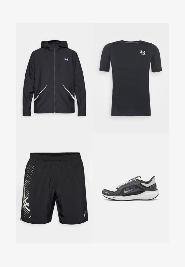 Veste à capuche noire zippée avec accents et logo blancs, dotée de manches longues et d'une texture de tissu lisse et élégante.; T-shirt de sport noir à manches courtes, fabriqué en tissu extensible à évacuation de l'humidité. Il possède un col rond et un petit logo blanc sur la poitrine.; Shorts de sport noirs en matériau léger, avec un design latéral à motifs et une taille élastique pour le confort.; Baskets de sport noires et grises avec un empeigne en maille, des accents réfléchissants et un intermédiaire blanc. Comprend une semelle extérieure en caoutchouc texturé et des lacets.