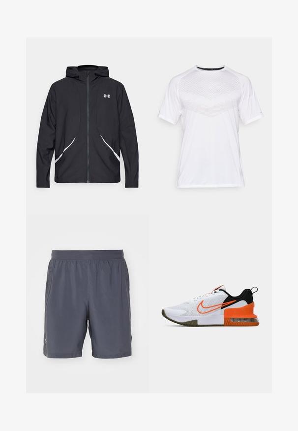 Črna jakna s kapuco na zadrgo z belimi poudarki in logotipom, z dolgimi rokavi in gladko, sijočo tkanino.; Bela kratka športna majica s kratkimi rokavi z teksturno geometrijsko vzorcem spredaj, izdelana iz lahke tkanine, krožnim ovratnikom in sproščenim prilegom.; Sive kratke športne hlače iz lahkega, vlago odbojnega materiala. Imajo elastičen pas in šivane dodatke. Brez žepov.; Bela športna čevlja z teksturirano mrežasto zgornjico, črnimi in oranžnimi poudarki, debelim gumijastim podplatom ter prozornim zračno blazino na peti.