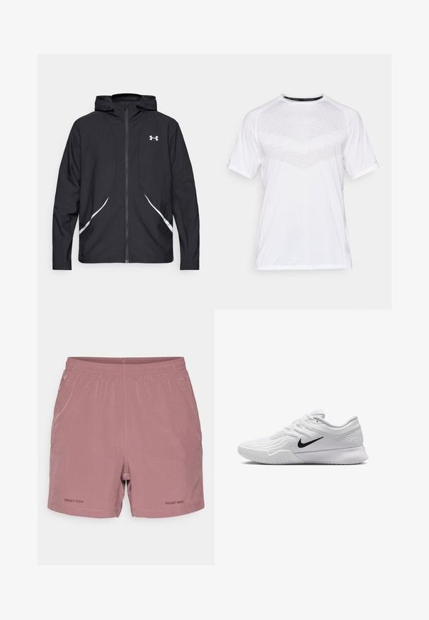 Juoda gobtuvu su užtrauktuku striukė su baltais akcentais ir logotipu, ilgomis rankovėmis ir lygiu, švelniu audinio tekstūra.; Balta trumpa rankovėmis sportinė marškinėliai su tekstūriniu geometriniu raštu priekyje, pagaminti iš lengvos medžiagos, su apvaliu iškirpimu ir laisvu siluetu.; Šviesiai rožiniai sportiniai šortai su elastine juosta, minimaliais siuvimo detalėmis ir „PROJECT ROCK“ logotipu atspausdintu kairėje apatinėje pusėje.; Baltas sportinis batas su tekstūruota tinkleliu, juodu Nike swoosh logotipu, paminkštintu apvadu ir guminėmis pado detalėmis su protektoriumi.