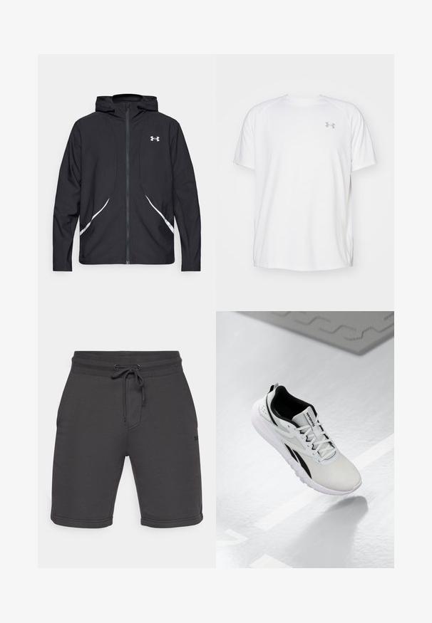 Casaco preto com capuz e fecho de correr, detalhes brancos e logótipo, apresentando mangas compridas e um tecido liso e elegante.; Camisola atlética de mangas curtas brancas, feita de um tecido suave. Apresenta um decote redondo e um logótipo cinza no lado esquerdo do peito, com aberturas laterais na barra.; Calções cinza-escuros feitos de um tecido suave, com uma cintura elástica, fecho de cordão, bolsos laterais e uma marcação discreta na perna.; Sapatilha atlética cinza-claro com detalhes pretos, parte superior em malha texturizada, sola acolchoada e fecho com atacadores. Possui uma aba de puxar no calcanhar.