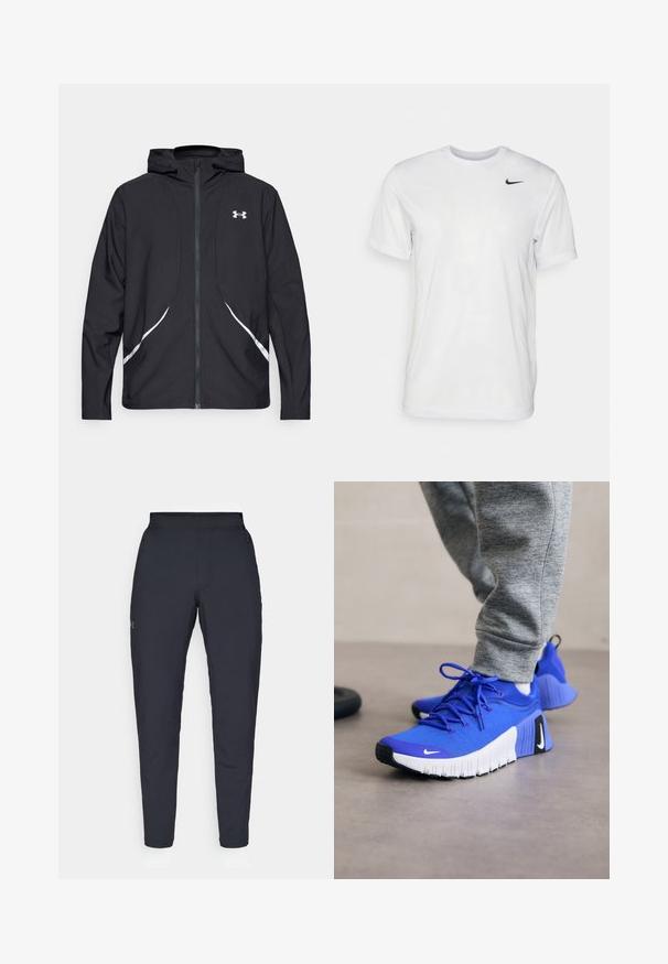 Črna jakna s kapuco na zadrgo z belimi poudarki in logotipom, z dolgimi rokavi in gladko, sijočo tkanino.; Bela kratka majica s kratkimi rokavi, izdelana iz gladkega materiala. Ima okroglo ovratnico in majhen črn Nike logotip na levi prsni strani.; Črne atletske hlače z gladko teksturo, ožjega kroja, elastičnim pasom in stranskimi žepi. Imajo majhen logotip na levem stegnu.; Modre športne čevlje z zgornjim delom iz teksturirane tkanine, belim podplatom in črnimi dodatki. Imajo vezalke in poenostavljen, ergonomski dizajn.