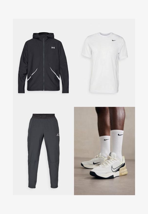 Black zip-up hooded jacket with white accents and logo, featuring long sleeves and a sleek, smooth fabric texture.; White short-sleeve t-shirt made of smooth fabric. Features a round neck and a small black Nike logo on the left chest.; Nike Pro pants in dark gray, featuring a black elastic waistband with "PRD" and "NIKE PRO" text, smooth fabric, tapered design, and subtle stitching details.; White mesh sneakers with black accents and a yellow midsole. Ribbed white Nike socks. Textured outsole for improved grip.