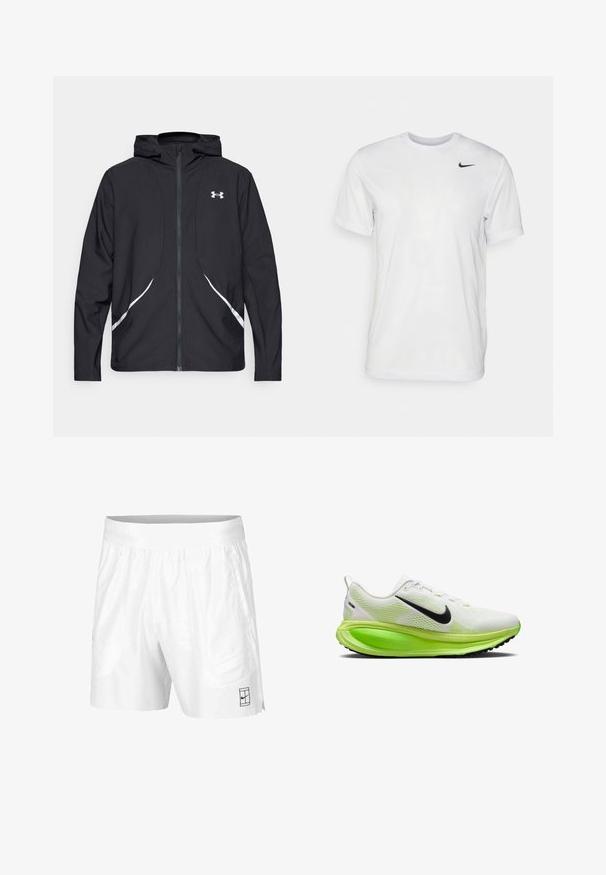 Črna jakna s kapuco na zadrgo z belimi poudarki in logotipom, z dolgimi rokavi in gladko, sijočo tkanino.; Bela kratka majica s kratkimi rokavi, izdelana iz gladkega materiala. Ima okroglo ovratnico in majhen črn Nike logotip na levi prsni strani.; Bele športne kratke hlače iz lahkotnega materiala z elastičnim pasom, ki imajo dva stranska žepa in majhen črn logotip na robu.; Bele teka za tek z belo zračno mrežno zgornjo plastjo, črnimi Nike črtami, zelenim srednjim delom in teksturirano podplatom za oprijem.