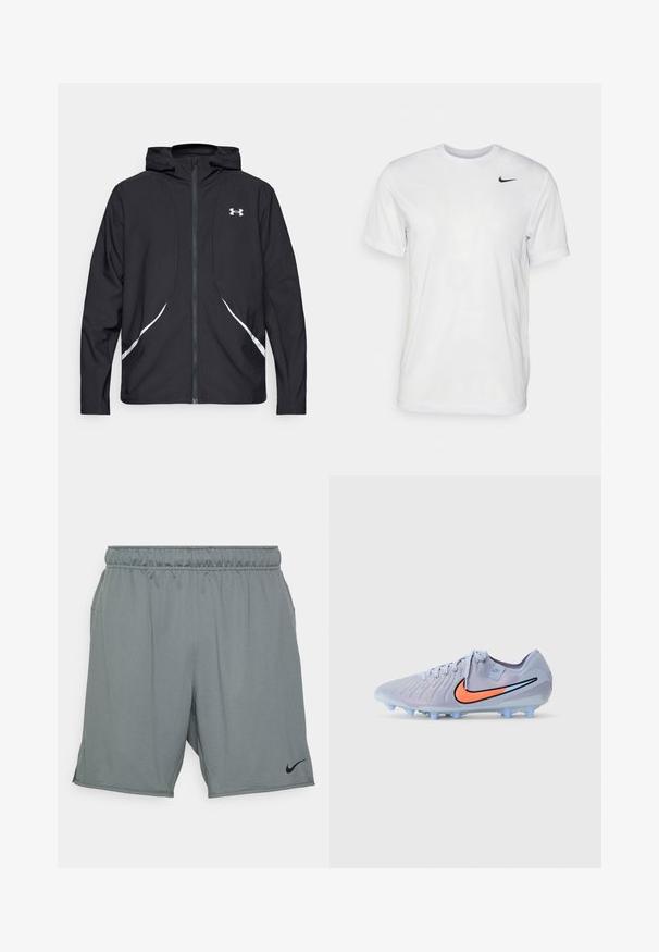 Black zip-up hooded jacket with white accents and logo, featuring long sleeves and a sleek, smooth fabric texture.; White short-sleeve t-shirt made of smooth fabric. Features a round neck and a small black Nike logo on the left chest.; Gray athletic shorts made of fabric with a smooth texture. Features an elastic waistband and side pockets, with a black Nike logo.; Light blue soccer cleat with textured surface, black and orange Nike swoosh, and translucent blue studs for traction.