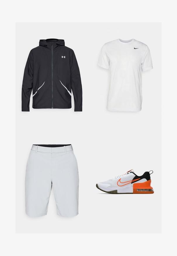 Casaco preto com capuz e fecho de correr, detalhes brancos e logótipo, apresentando mangas compridas e um tecido liso e elegante.; T-shirt branca de mangas curtas feita de tecido suave. Apresenta um decote redondo e um pequeno logótipo da Nike em preto no lado esquerdo do peito.; Calções cinza-claro feitos de um tecido leve; apresentam frente lisa, dois bolsos laterais e uma cintura suave para conforto.; Shoe desportivo branco com um upper de malha texturizada, detalhes em preto e laranja, uma sola de borracha grossa e uma seção de amortecimento de ar transparente no calcanhar.