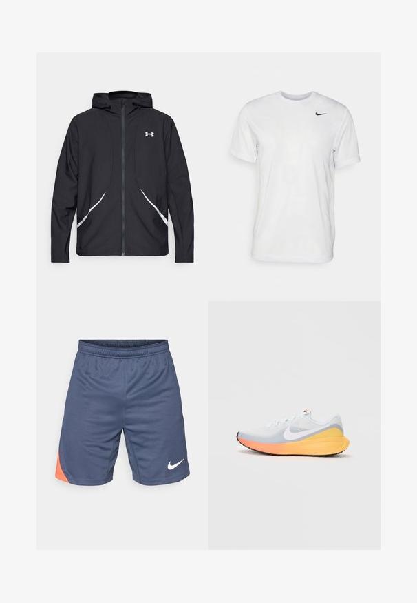 Svart hettejakke med glidelås, hvite detaljer og logo, med lange ermer og en glatt, jevn stofftekstur.; Hvit kortermet t-skjorte laget av glatt stoff. Har rund hals og en liten svart Nike-logo på venstre bryst.; Mørkeblå treningsshorts med et oransje aksent på venstre side. Laget av lett stoff med elastisk midjebånd og en logo i hvitt.; Lyseblå løpesko med pustende mesh-overdel. Har en hvit swoosh, oransje og gul mellomsåle, og sort yttersåle for godt grep.