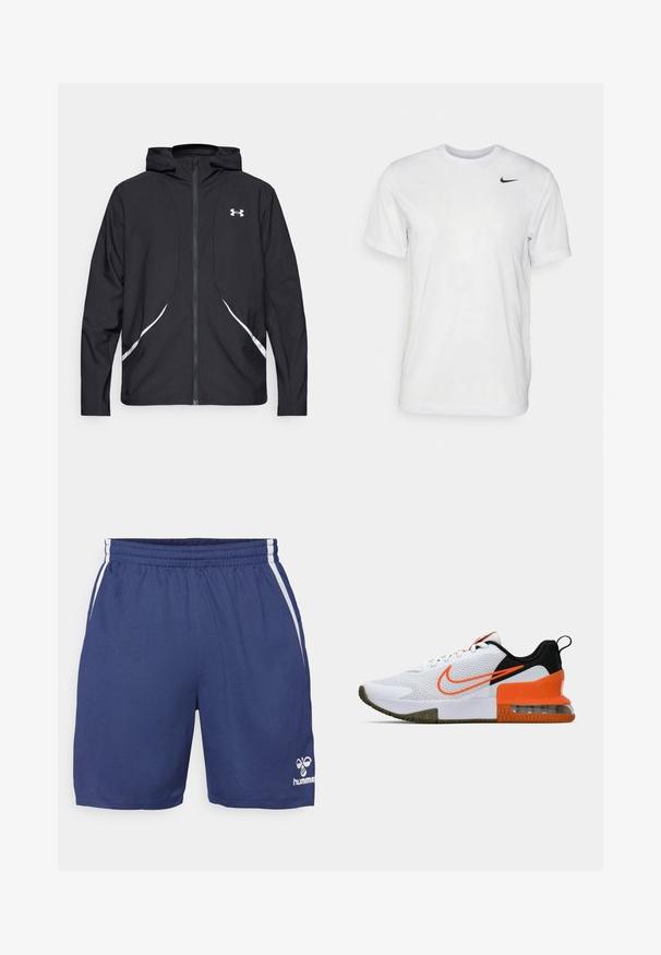 Svart hettejakke med glidelås, hvite detaljer og logo, med lange ermer og en glatt, jevn stofftekstur.; Hvit kortermet t-skjorte laget av glatt stoff. Har rund hals og en liten svart Nike-logo på venstre bryst.; Marine sportsshorts laget av teksturert stoff, med elastisk midjebånd, hvite side-linjer og en logo nederst til høyre.; Hvit sportssko med et teksturert mesh-overdel, sorte og oransje accenter, en tykk gummisåle og en klar luftpute-seksjon ved hælen.