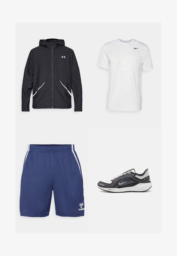 Casaco preto com capuz e fecho de correr, detalhes brancos e logótipo, apresentando mangas compridas e um tecido liso e elegante.; T-shirt branca de mangas curtas feita de tecido suave. Apresenta um decote redondo e um pequeno logótipo da Nike em preto no lado esquerdo do peito.; Calções de desporto em azul-marinho feitos de tecido texturizado, com um cós elástico, listras brancas nas laterais e um logótipo no canto inferior direito.; Sapatilha atlética preta e cinza com parte superior em malha, detalhes reflexivos e uma entressola branca. Apresenta uma sola de borracha texturizada e atacadores.