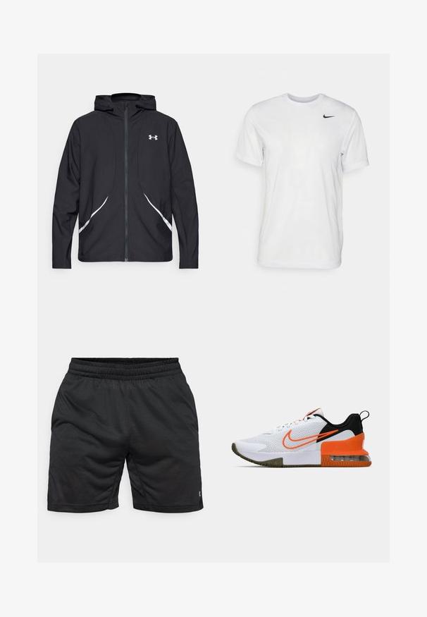 Casaco preto com capuz e fecho de correr, detalhes brancos e logótipo, apresentando mangas compridas e um tecido liso e elegante.; T-shirt branca de mangas curtas feita de tecido suave. Apresenta um decote redondo e um pequeno logótipo da Nike em preto no lado esquerdo do peito.; Bermudas desportivas pretas feitas de tecido texturizado, com uma cintura elástica e sem bolsos ou adornos visíveis.; Shoe desportivo branco com um upper de malha texturizada, detalhes em preto e laranja, uma sola de borracha grossa e uma seção de amortecimento de ar transparente no calcanhar.