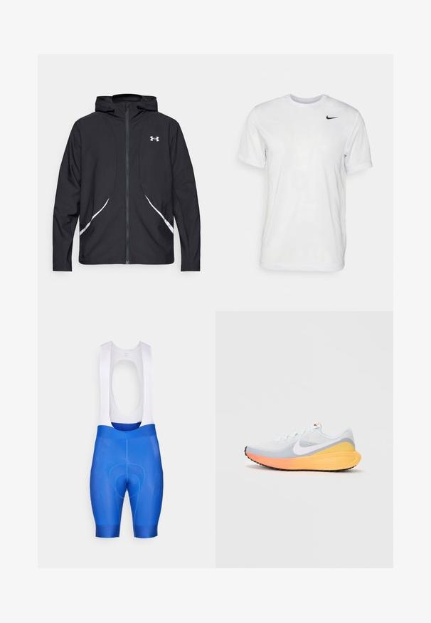 Schwarze Kapuzenjacke mit Reißverschluss, weiß abgesetzte Akzente und Logo, mit langen Ärmeln und einem eleganten, glatten Stoff.; Weißes T-Shirt mit kurzen Ärmeln aus glattem Stoff. Verfügt über einen runden Halsauschnitt und ein kleines schwarzes Nike-Logo auf der linken Brust.; Blaue Radsport-Trägershorts mit weißen Schulterträgern, ausgestattet mit gepolstertem Sitz, glatter Textur und maßgeschneidertem Sitz für Komfort und Leistung.; Hellblaue Laufschuhe mit einem atmungsaktiven Mesh-Obermaterial. Mit einem weißen Swoosh, orangefarbener und gelber Zwischensohle sowie einer schwarzen Außensohle für besseren Halt.