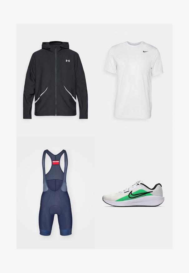 Črna jakna s kapuco na zadrgo z belimi poudarki in logotipom, z dolgimi rokavi in gladko, sijočo tkanino.; Bela kratka majica s kratkimi rokavi, izdelana iz gladkega materiala. Ima okroglo ovratnico in majhen črn Nike logotip na levi prsni strani.; Morska kolesarska kratka hlače z mrežastimi naramnicami, oblazinjenim sedežem in kontrastnimi modrimi poudarki. Odlikuje jih mešanica gladkega in teksturiranega blaga.; Bela športna čevlja z zelenim poudarkom, črnim logotipom, mrežastim zgornjim delom, oblazinjenim podplatom in zaobljenim peto. Ima vezalke in kontrastne detajle.