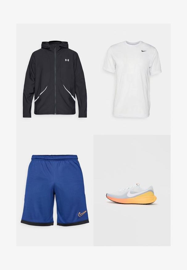Black zip-up hooded jacket with white accents and logo, featuring long sleeves and a sleek, smooth fabric texture.; White short-sleeve t-shirt made of smooth fabric. Features a round neck and a small black Nike logo on the left chest.; Men's blue Nike athletic shorts with an elastic waistband, black accents at the hem, and an orange logo on the lower left side.; Light blue running shoe with a breathable mesh upper. Features a white swoosh, orange and yellow midsole, and black outsole for traction.