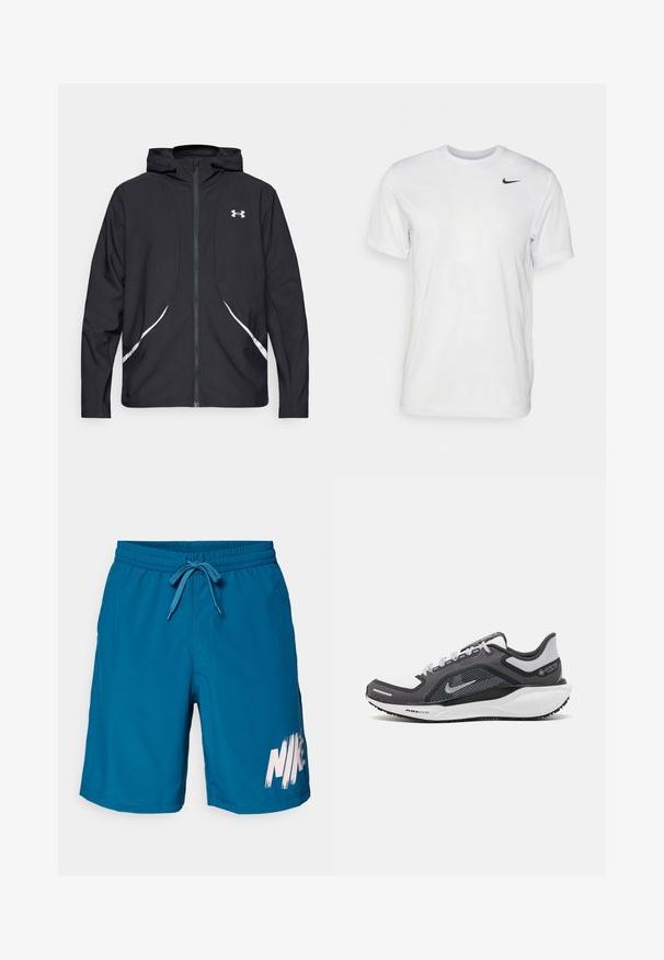 Black zip-up hooded jacket with white accents and logo, featuring long sleeves and a sleek, smooth fabric texture.; White short-sleeve t-shirt made of smooth fabric. Features a round neck and a small black Nike logo on the left chest.; Blue Nike swim trunks with an elastic waistband and adjustable drawstring, featuring a large white logo printed on the lower left side.; Black and gray athletic shoe with a mesh upper, reflective accents, and a white midsole. Features textured rubber outsole and laces.