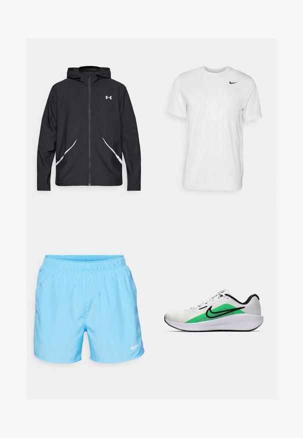 Crna jakna s kapuljačom na patentni zatvarač s bijelim detaljima i logotipom, s dugim rukavima i glatkom, mekanom teksturom tkanine.; Bijela kratkotrajna majica s kratkim rukavima izrađena od glatkog materijala. Ima okrugli izrez i mali crni Nike logo na lijevoj strani prsnog koša.; Svijetloplave sportske kratke hlače s elastičnom trakom u struku i bočnim džepovima; sadrži bijeli Nike swoosh logo na rubu.; Bijela atletska obuća s zelenim akcentom, crnim logotipom, mrežastim gornjim dijelom, podstavljenom sole i zaobljenim petom. Sadrži vezice i kontrastne detalje.