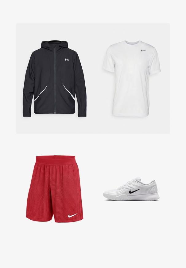 Schwarze Kapuzenjacke mit Reißverschluss, weiß abgesetzte Akzente und Logo, mit langen Ärmeln und einem eleganten, glatten Stoff.; Weißes T-Shirt mit kurzen Ärmeln aus glattem Stoff. Verfügt über einen runden Halsauschnitt und ein kleines schwarzes Nike-Logo auf der linken Brust.; Rote Sportshorts aus strukturiertem Stoff. Mit einem elastischen Bund und einem kleinen weißen Nike-Logo am unteren linken Bein.; Weißer Sportschuh mit strukturiertem Mesh-Obermaterial, schwarzem Nike-Swoosh, gepolstertem Kragen und Gummisohle mit einem Profilmuster.