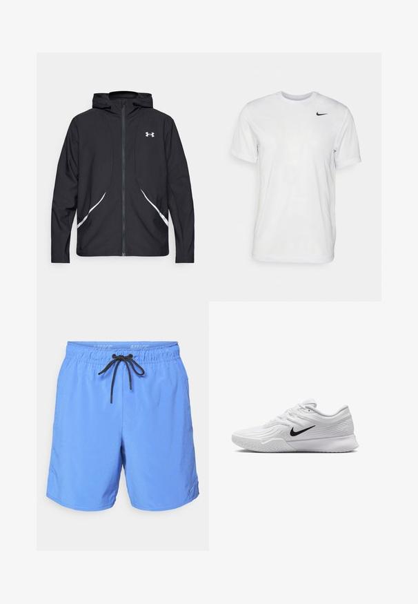 Černá bunda s kapucí na zip, bílými akcenty a logem, s dlouhými rukávy a hladkou, elegantní texturou látky.; Bílé tričko s krátkým rukávem vyrobené z hladkého materiálu. Má kulatý výstřih a malé černé logo Nike na levé straně hrudi.; Modré šortky vyrobené z lehkého materiálu, s elastickým pásem a černou šňůrkou na stažení, a bočními kapsami. Malý logový akcent.; Bílá sportovní obuv s texturovaným síťovaným svrchním materiálem, černým logem Nike, polstrovaným límcem a gumovou podrážkou s vzorkem na běhání.