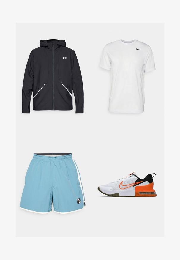 Casaco preto com capuz e fecho de correr, detalhes brancos e logótipo, apresentando mangas compridas e um tecido liso e elegante.; T-shirt branca de mangas curtas feita de tecido suave. Apresenta um decote redondo e um pequeno logótipo da Nike em preto no lado esquerdo do peito.; Fatos de banho azul claro com cintura elástica, riscas brancas laterais e um pequeno emblema preto na parte dianteira esquerda. Material macio e leve.; Shoe desportivo branco com um upper de malha texturizada, detalhes em preto e laranja, uma sola de borracha grossa e uma seção de amortecimento de ar transparente no calcanhar.