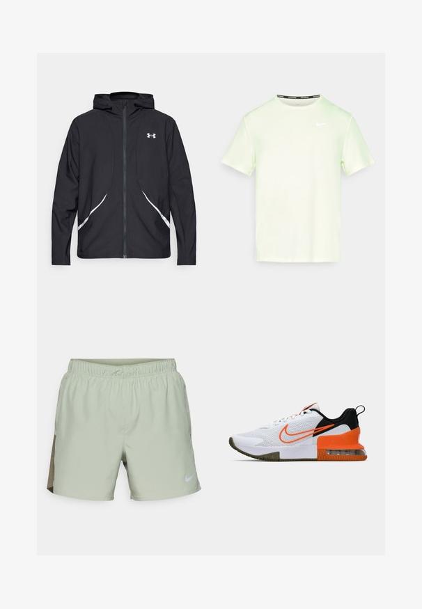 Svart hettejakke med glidelås, hvite detaljer og logo, med lange ermer og en glatt, jevn stofftekstur.; Lys grøn Nike t-skjorte med korte ermer, rund hals og en liten hvit logo på brystet. Glatt, lett materiale.; Nike Performance CHALLENGER SHORT - Sports shorts - jade horizon/medium olive/black/reflective silver; Hvit sportssko med et teksturert mesh-overdel, sorte og oransje accenter, en tykk gummisåle og en klar luftpute-seksjon ved hælen.