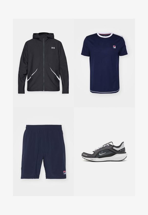 Schwarze Kapuzenjacke mit Reißverschluss, weiß abgesetzte Akzente und Logo, mit langen Ärmeln und einem eleganten, glatten Stoff.; Marineblaue Kurzarm-T-Shirt mit weißem Rundhalsausschnitt, ausgestattet mit rot-weißen gestreiften Akzenten an den Schultern und einem Logo-Patch.; Fila SHORTS FILIP - Kurze Sporthose - navy; Schwarzer und grauer Sportschuh mit einem Mesh-Obermaterial, reflektierenden Akzenten und einer weißen Zwischensohle. Verfügt über eine strukturierte Gummisohle und Schnürsenkel.