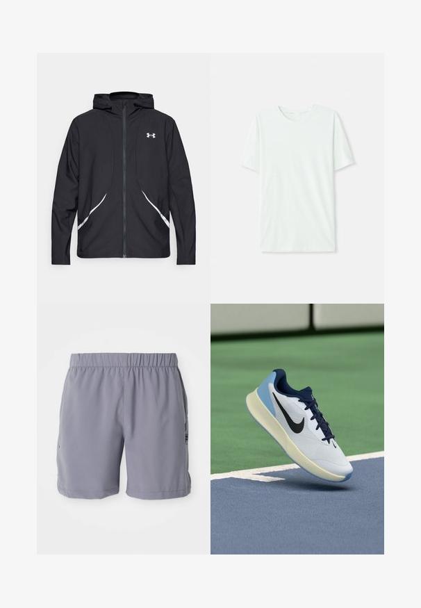 Črna jakna s kapuco na zadrgo z belimi poudarki in logotipom, z dolgimi rokavi in gladko, sijočo tkanino.; Svetlo mint zelena majica s kratkimi rukavi, izdelana iz mehkega blaga. Ima okroglo ovratnico in preprost, ravno kroj brez okrasnih elementov.; Sive športne kratke hlače z elastičnim pasom, ki imajo stranske žepe in gladko, lahko tkanino. Primerne za športne aktivnosti in vsakodnevno nošenje.; Bela športna obutev z mornarskimi akcenti, zračnim zgornjim delom, teksturiranim podplatom in svetlo modrim peto, ki prikazuje eleganten, sodoben dizajn.
